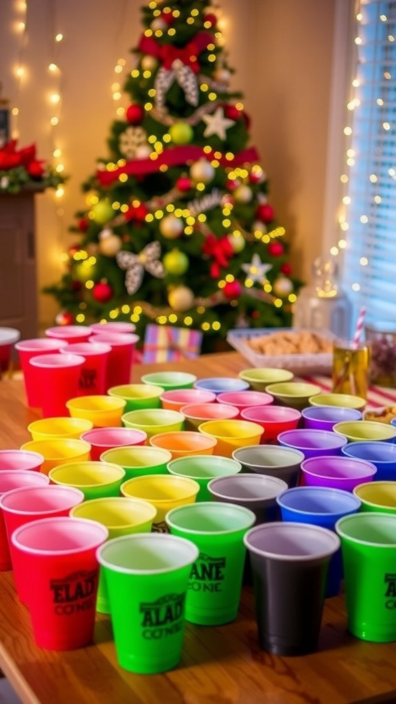 Colorful solo cups arranged for Christmas games with a decorated tree in the background.